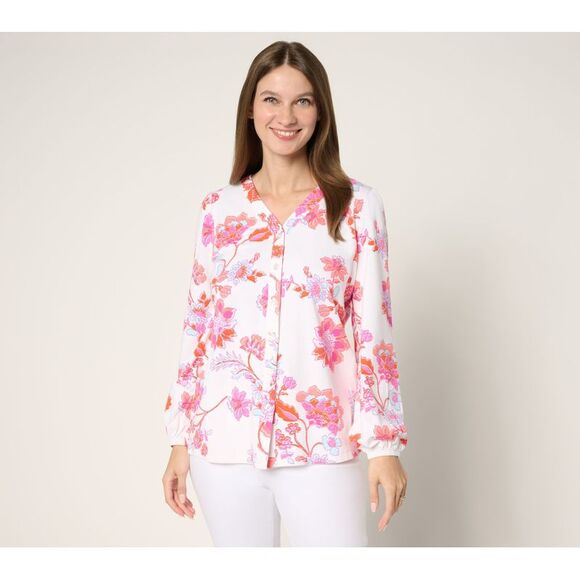 Belle by Kim Gravel Tops - Belle by Kim Gravel Women's Top Plus Sz 3X French Floral Button White A688402
